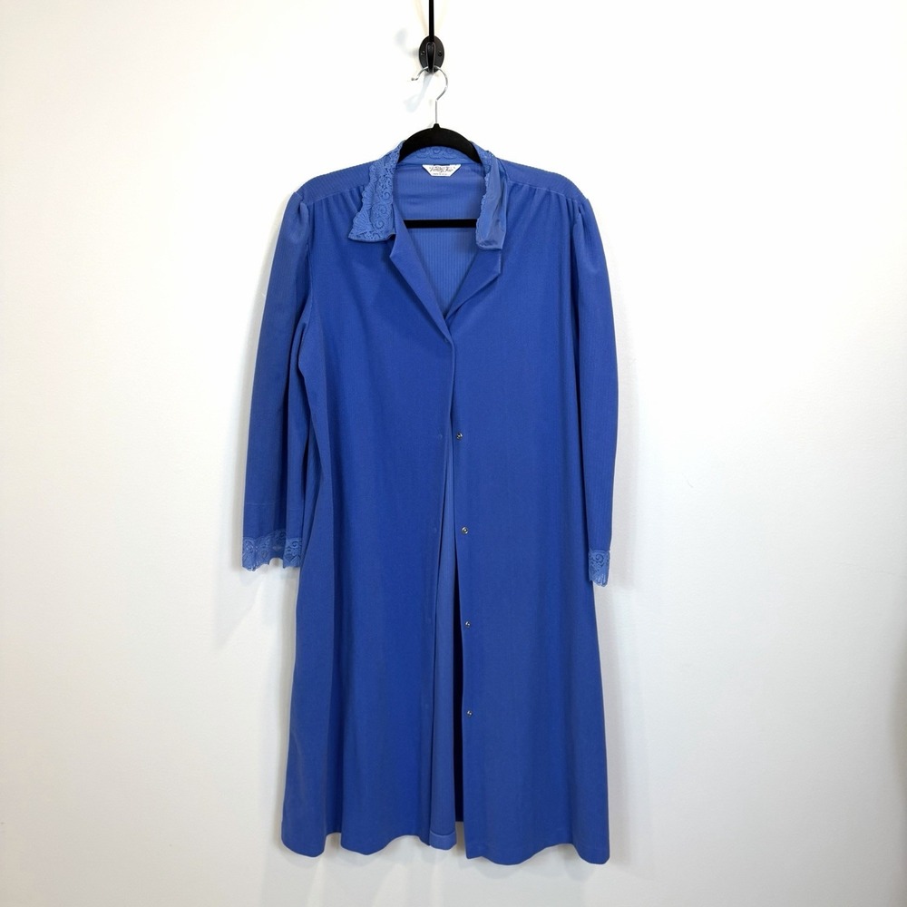 Vintage Vanity Fair Large blue lace-trimmed button-down robe Nightgown Soft USA